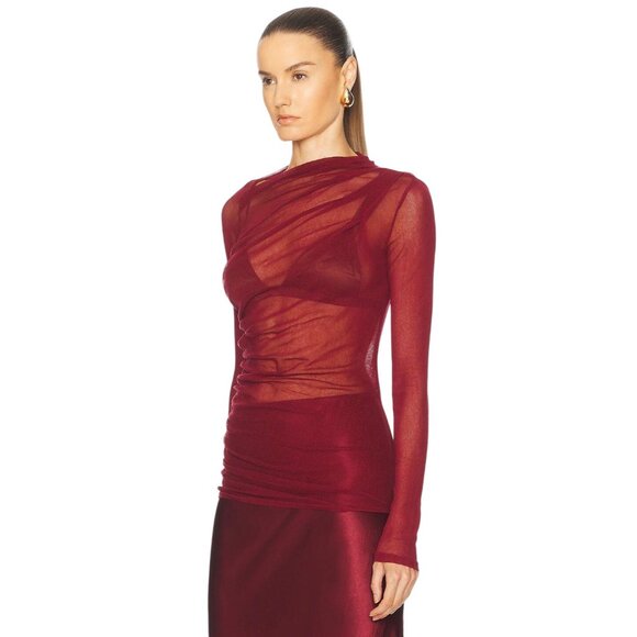 Enza Costa Long Sleeve Slash Top in Ruby Small New Womens Mesh Blouse - Picture 4 of 16